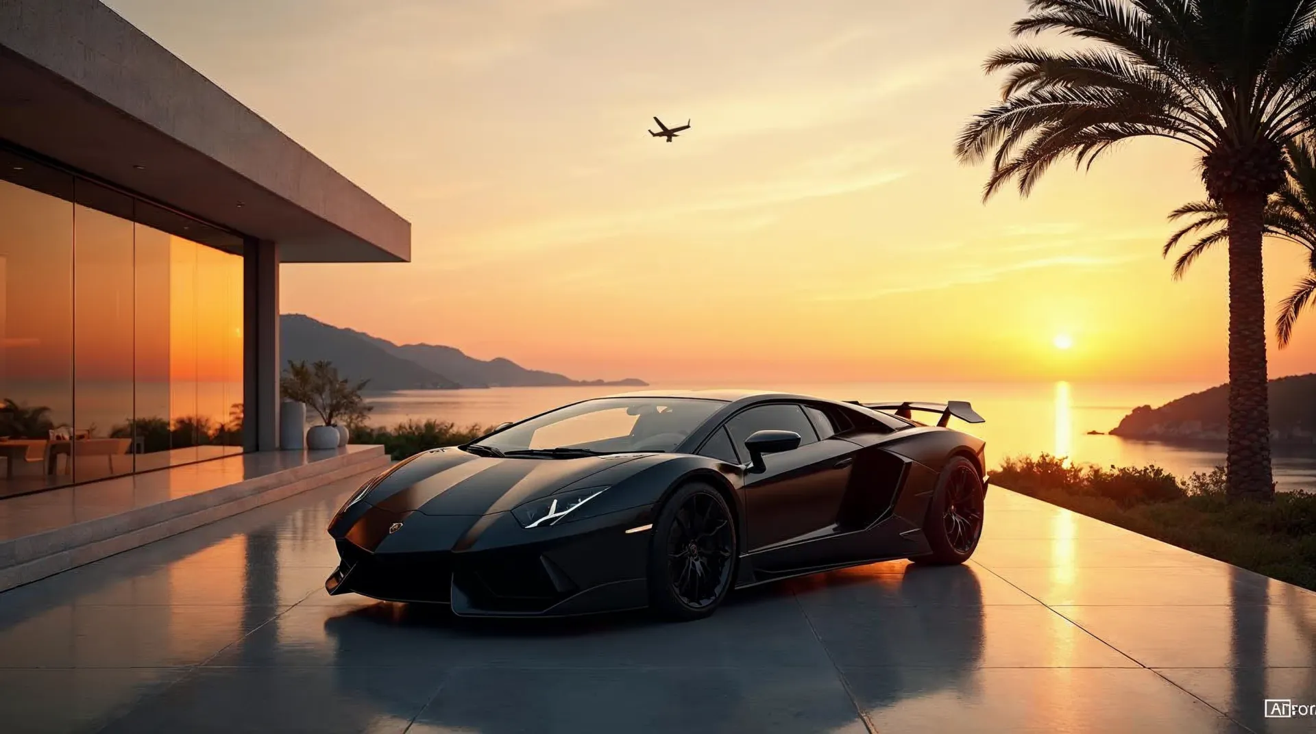 Schwarzer Lamborghini Revuelto vor einer Villa bei Sonnenuntergang