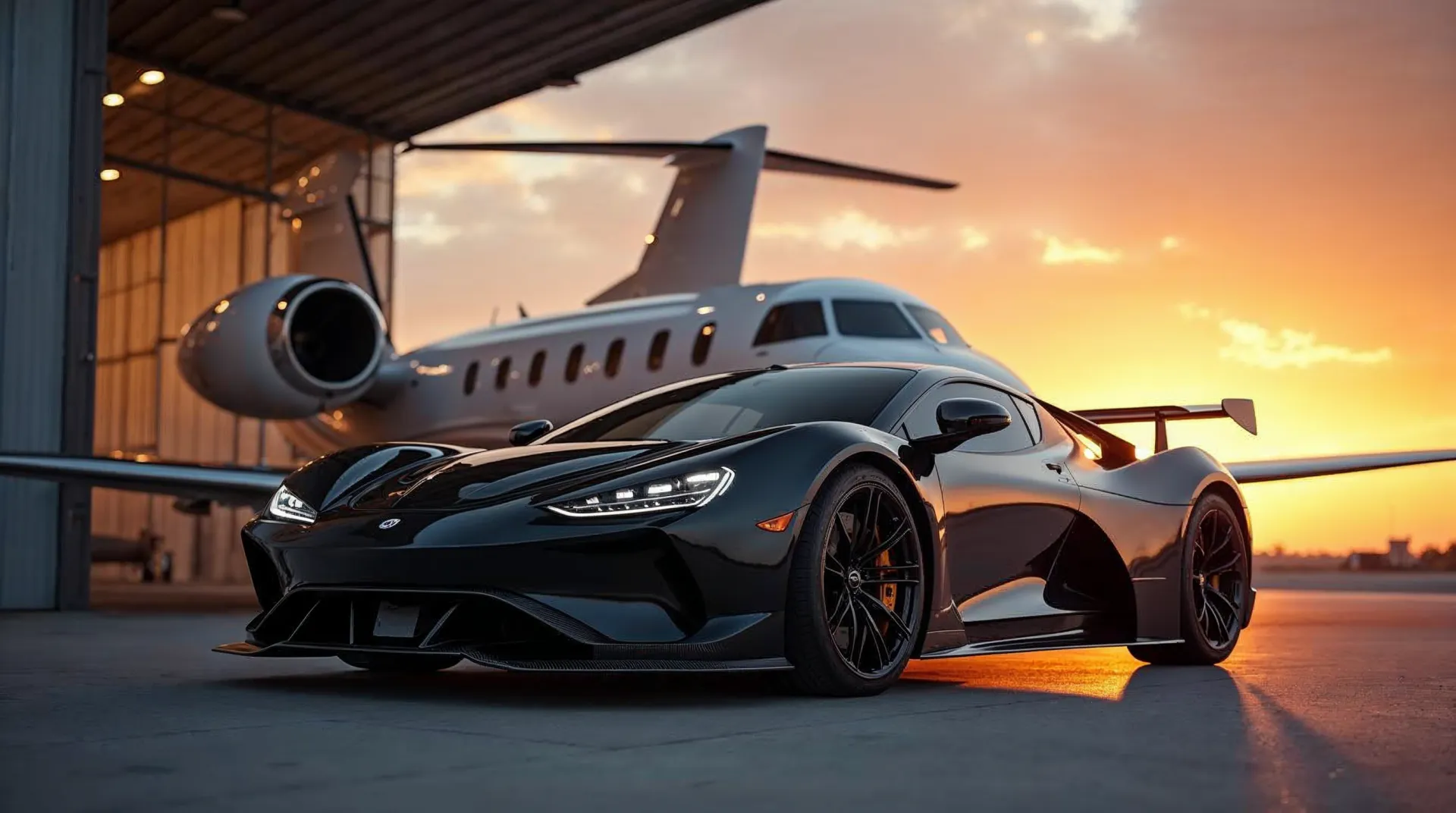 Sportwagen neben einem Privatjet